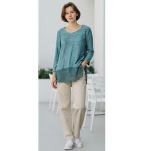 Ali Miles‎ Womens Embroidered Long Sleeve L Knit Chiffon Tunic Lagenlook Office